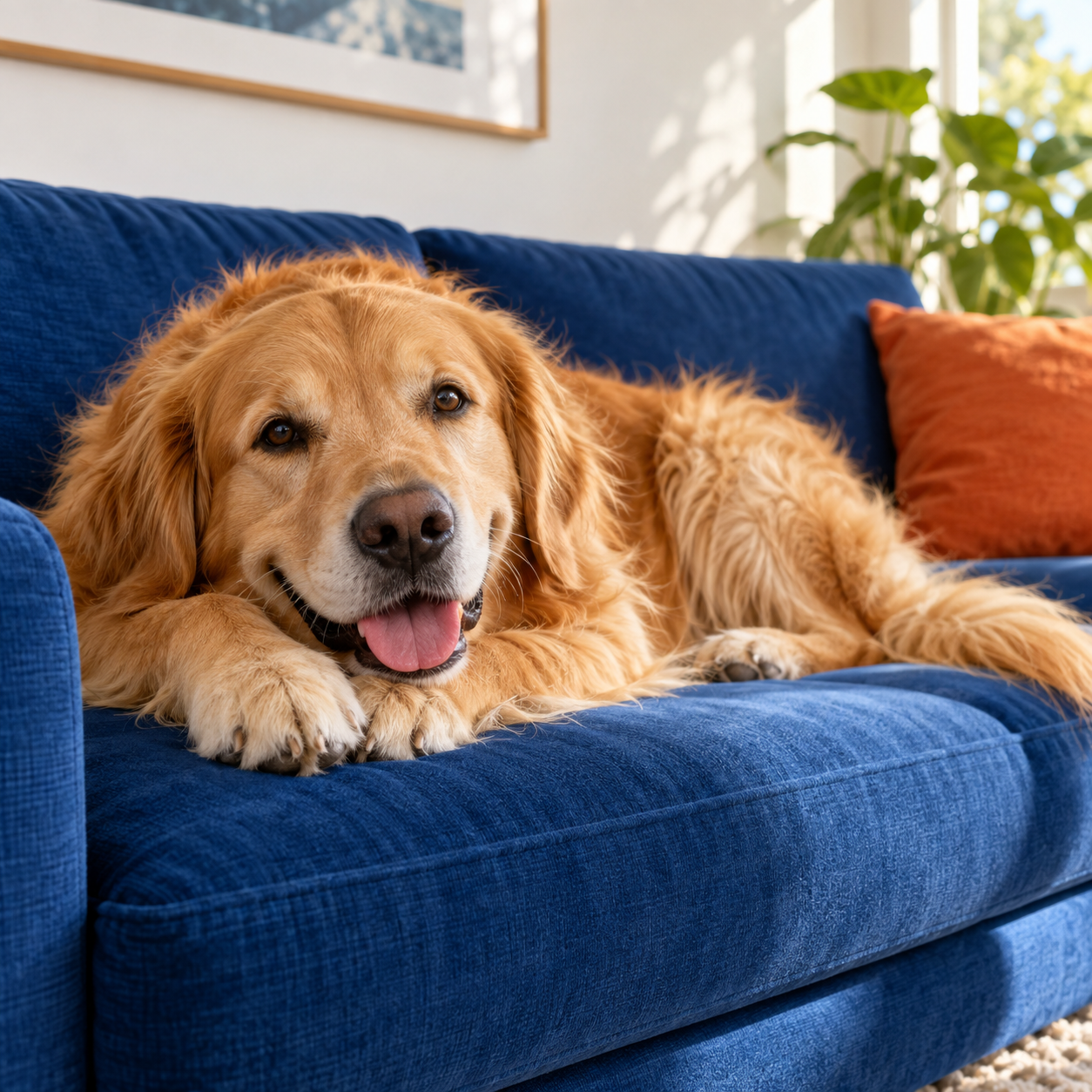 A golden retriever relaxing on a blue sofa